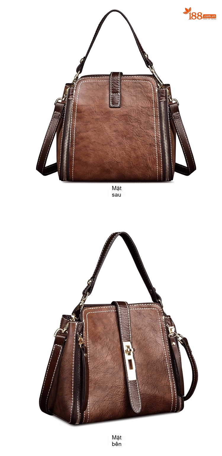 Túi Xách Tay Nữ Da Bò Retro Vintage Châu Âu, Mỹ Đeo Vai, Đeo Chéo Màu Nâu, Đen chi tiết 6