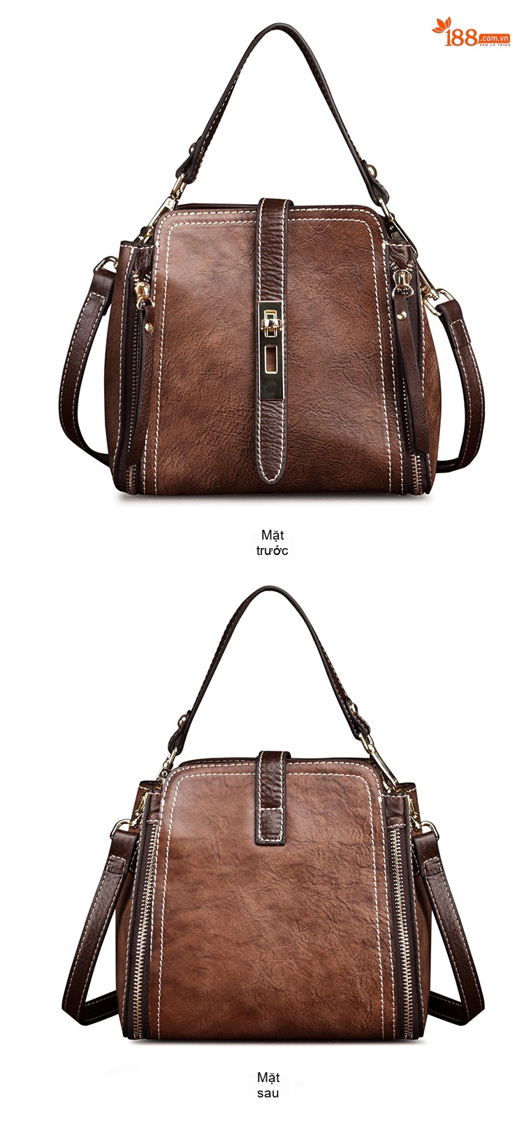 Túi Xách Tay Nữ Da Bò Retro Vintage Châu Âu, Mỹ Đeo Vai, Đeo Chéo Màu Nâu, Đen chi tiết 9