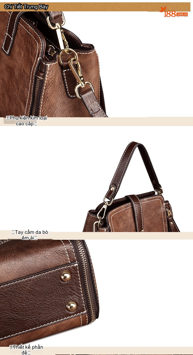Túi Xách Tay Nữ Da Bò Retro Vintage Châu Âu, Mỹ Đeo Vai, Đeo Chéo Màu Nâu, Đen chi tiết 10