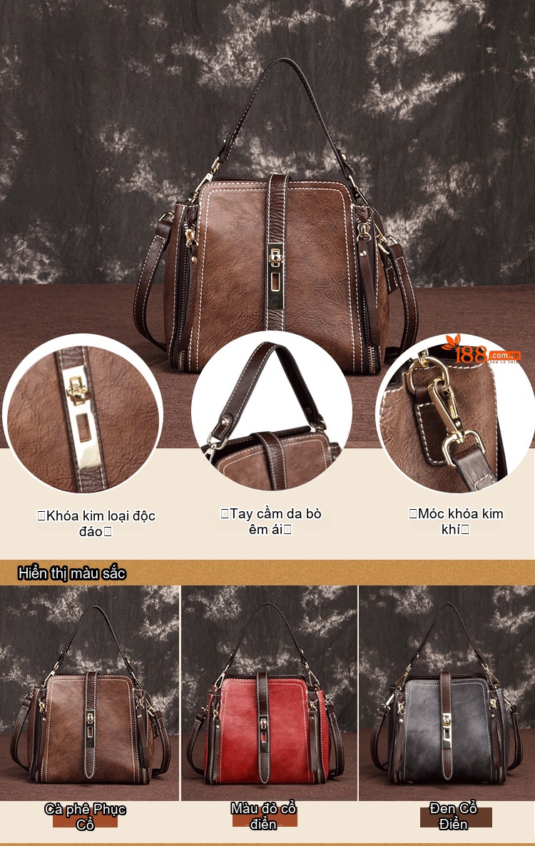 Túi Xách Tay Nữ Da Bò Retro Vintage Châu Âu, Mỹ Đeo Vai, Đeo Chéo Màu Nâu, Đen chi tiết 1