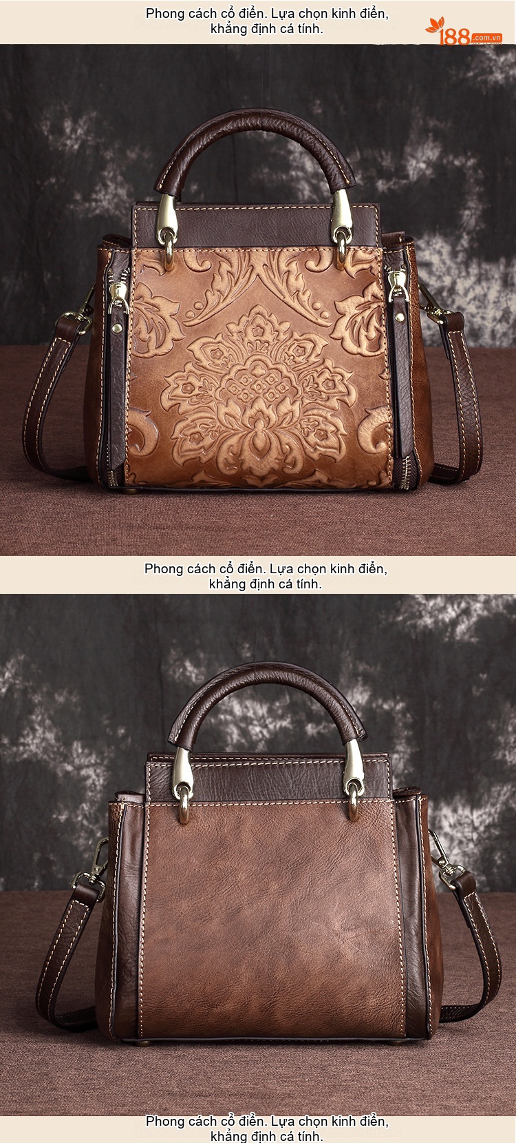 Túi Xách Tay Nữ Da Bò Retro Vintage Đeo Vai, Đeo Chéo Màu Nâu, Đỏ chi tiết 4