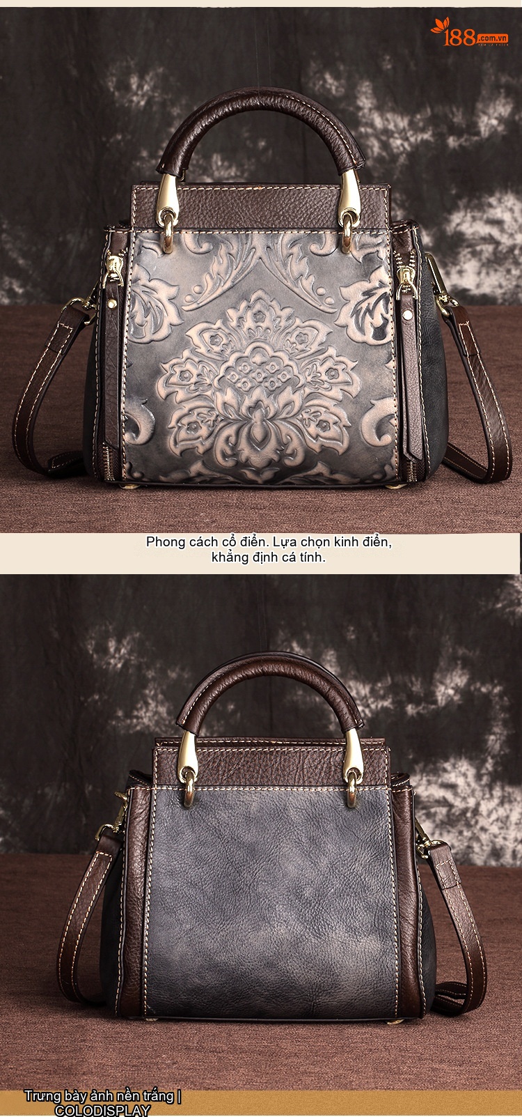 Túi Xách Tay Nữ Da Bò Retro Vintage Đeo Vai, Đeo Chéo Màu Nâu, Đỏ chi tiết 5