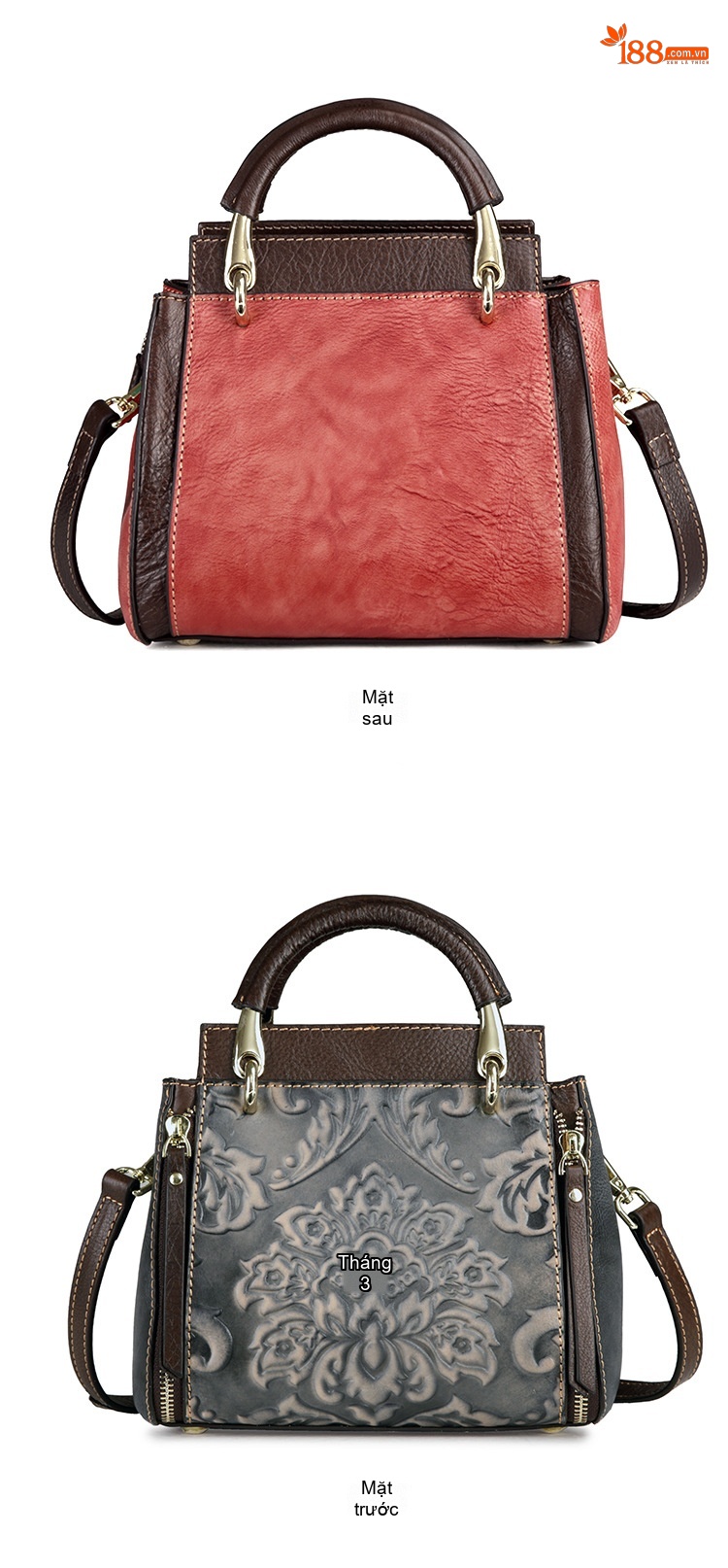 Túi Xách Tay Nữ Da Bò Retro Vintage Đeo Vai, Đeo Chéo Màu Nâu, Đỏ chi tiết 9