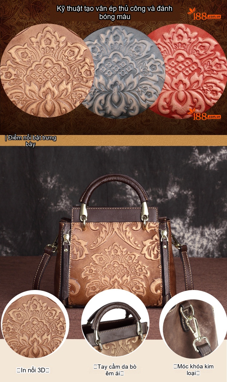 Túi Xách Tay Nữ Da Bò Retro Vintage Đeo Vai, Đeo Chéo Màu Nâu, Đỏ chi tiết 1