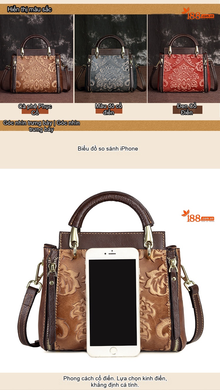 Túi Xách Tay Nữ Da Bò Retro Vintage Đeo Vai, Đeo Chéo Màu Nâu, Đỏ chi tiết 2