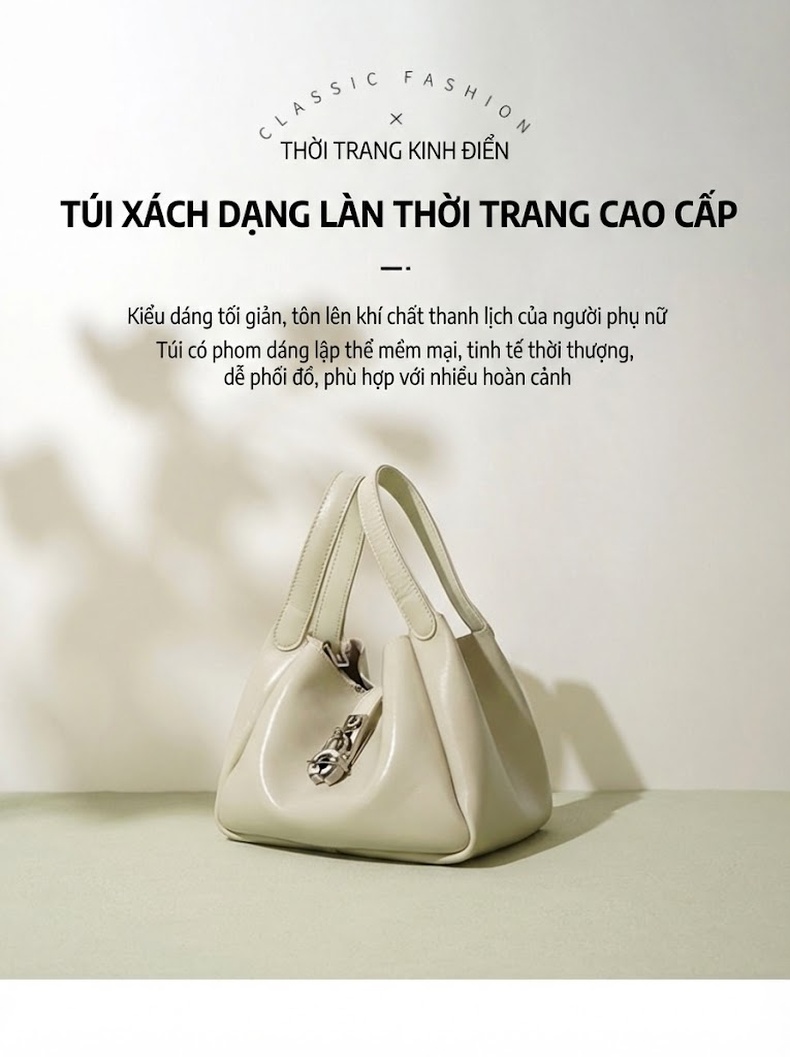 Túi Xách Tay Nữ Da Bò Sáp Dầu Kiểu Túi Rổ Thiết Kế Tối Giản Kèm Túi Nhỏ Màu Kem, Nâu Đậm chi tiết 1