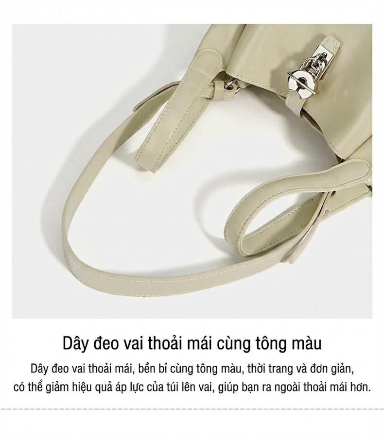 Túi Xách Tay Nữ Da Bò Sáp Dầu Kiểu Túi Rổ Thiết Kế Tối Giản Kèm Túi Nhỏ Màu Kem, Nâu Đậm chi tiết 13