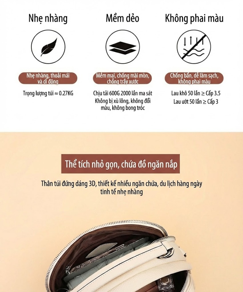 Túi Xách Tay Nữ Da Bò Sức Chứa Lớn Đeo Chéo Mùa Hè Màu Be, Nâu chi tiết 5