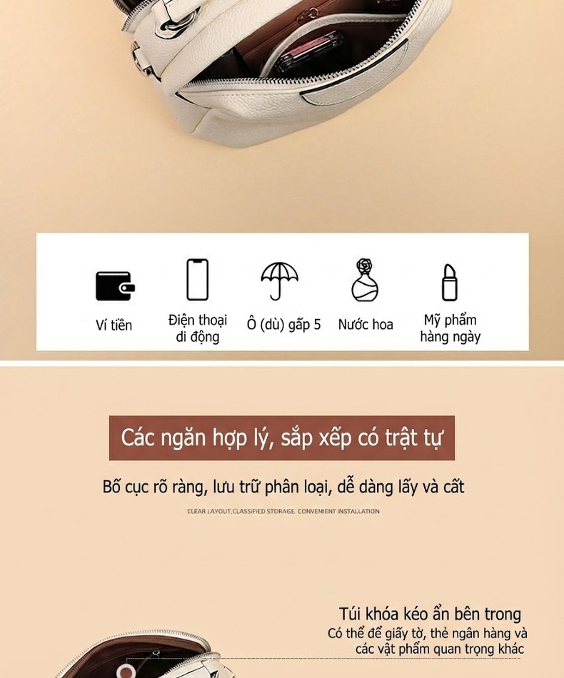 Túi Xách Tay Nữ Da Bò Sức Chứa Lớn Đeo Chéo Mùa Hè Màu Be, Nâu chi tiết 6