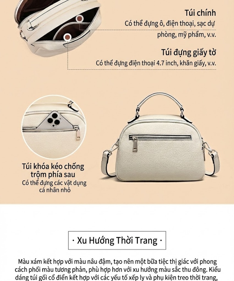 Túi Xách Tay Nữ Da Bò Sức Chứa Lớn Đeo Chéo Mùa Hè Màu Be, Nâu chi tiết 7