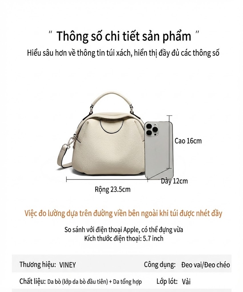 Túi Xách Tay Nữ Da Bò Sức Chứa Lớn Đeo Chéo Mùa Hè Màu Be, Nâu chi tiết 9