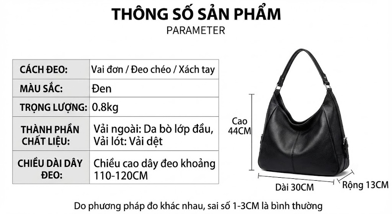 Túi Xách Tay Nữ Da Bò Sức Chứa Lớn Phong Cách Casual Màu Đen chi tiết 5