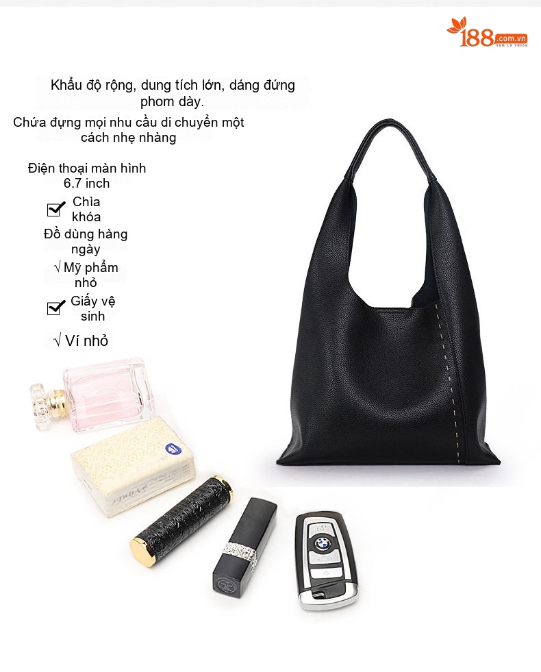 Túi Xách Tay Nữ Da Bò Sức Chứa Lớn Phong Cách Casual Màu Đen chi tiết 8
