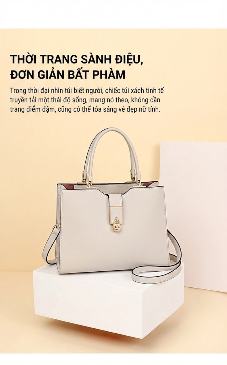 Túi Xách Tay Nữ Da Bò Sức Chứa Lớn Quà Tặng Mẹ, Bạn Gái, Vợ Màu Trắng Kem chi tiết 2