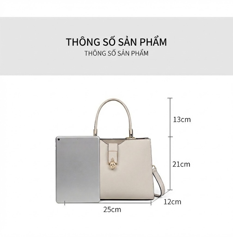 Túi Xách Tay Nữ Da Bò Sức Chứa Lớn Quà Tặng Mẹ, Bạn Gái, Vợ Màu Trắng Kem chi tiết 8