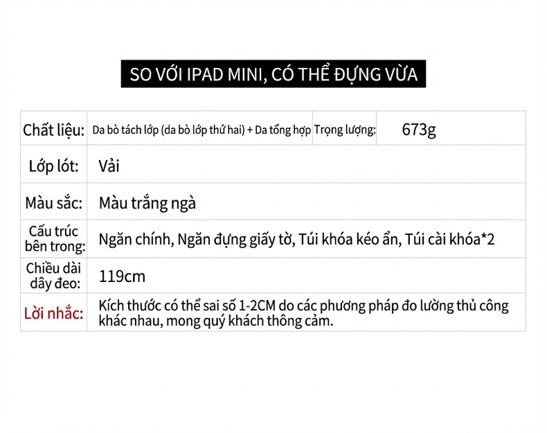 Túi Xách Tay Nữ Da Bò Sức Chứa Lớn Quà Tặng Mẹ, Bạn Gái, Vợ Màu Trắng Kem chi tiết 9