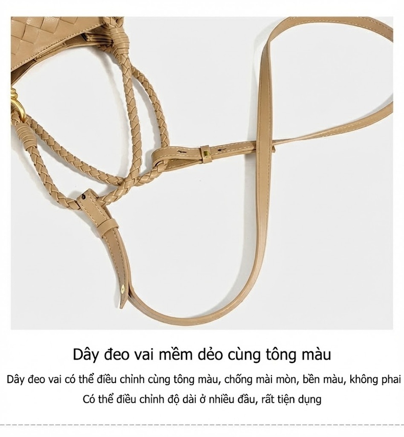 Túi Xách Tay Nữ Da Bò Thật Đan Dây Quai Xách Bện Phong Cách Retro Màu Đen, Kem chi tiết 12