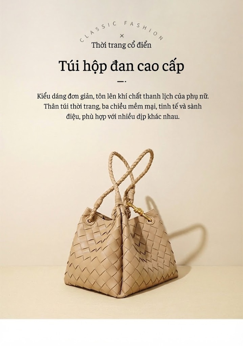 Túi Xách Tay Nữ Da Bò Thật Đan Dây Quai Xách Bện Phong Cách Retro Màu Đen, Kem chi tiết 2