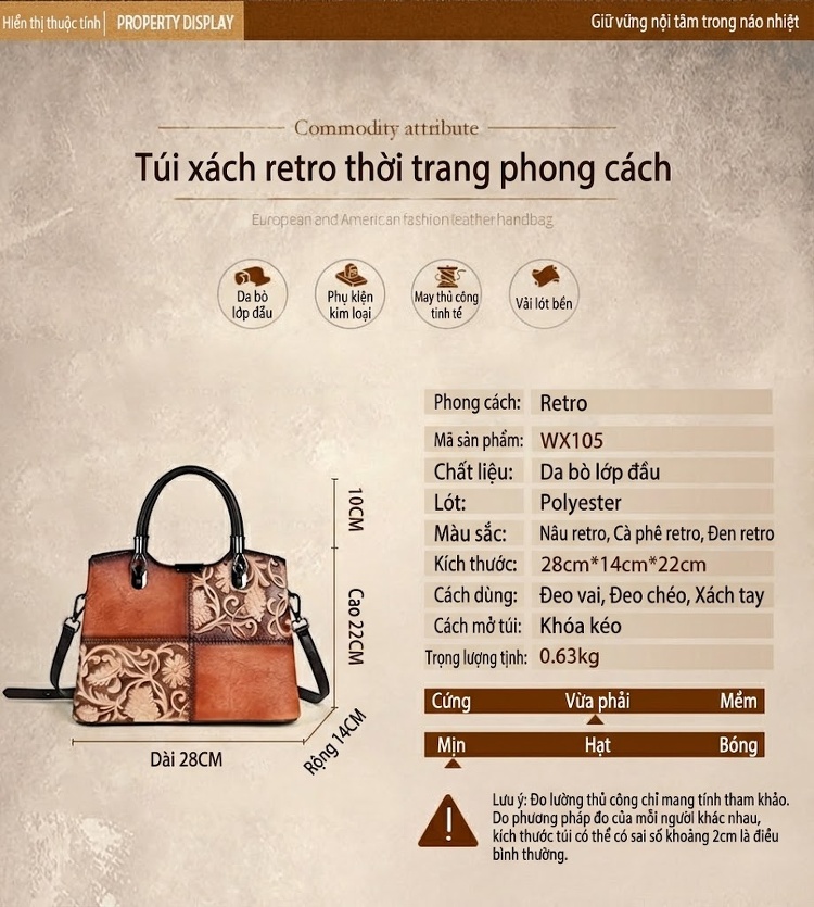 Túi Xách Tay Nữ Da Bò Thật Dập Hoa Văn Cổ Điển Đeo Vai Chéo Màu Nâu, Đen chi tiết 1