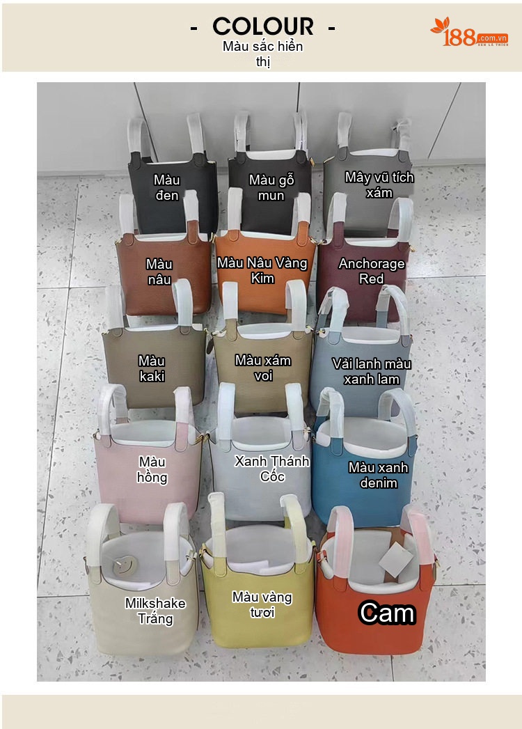 Túi Xách Tay Nữ Da Bò Thật Kiểu Túi Bucket Thời Trang Công Sở Màu Xanh Dương, Nâu, Kem, Xám chi tiết 3