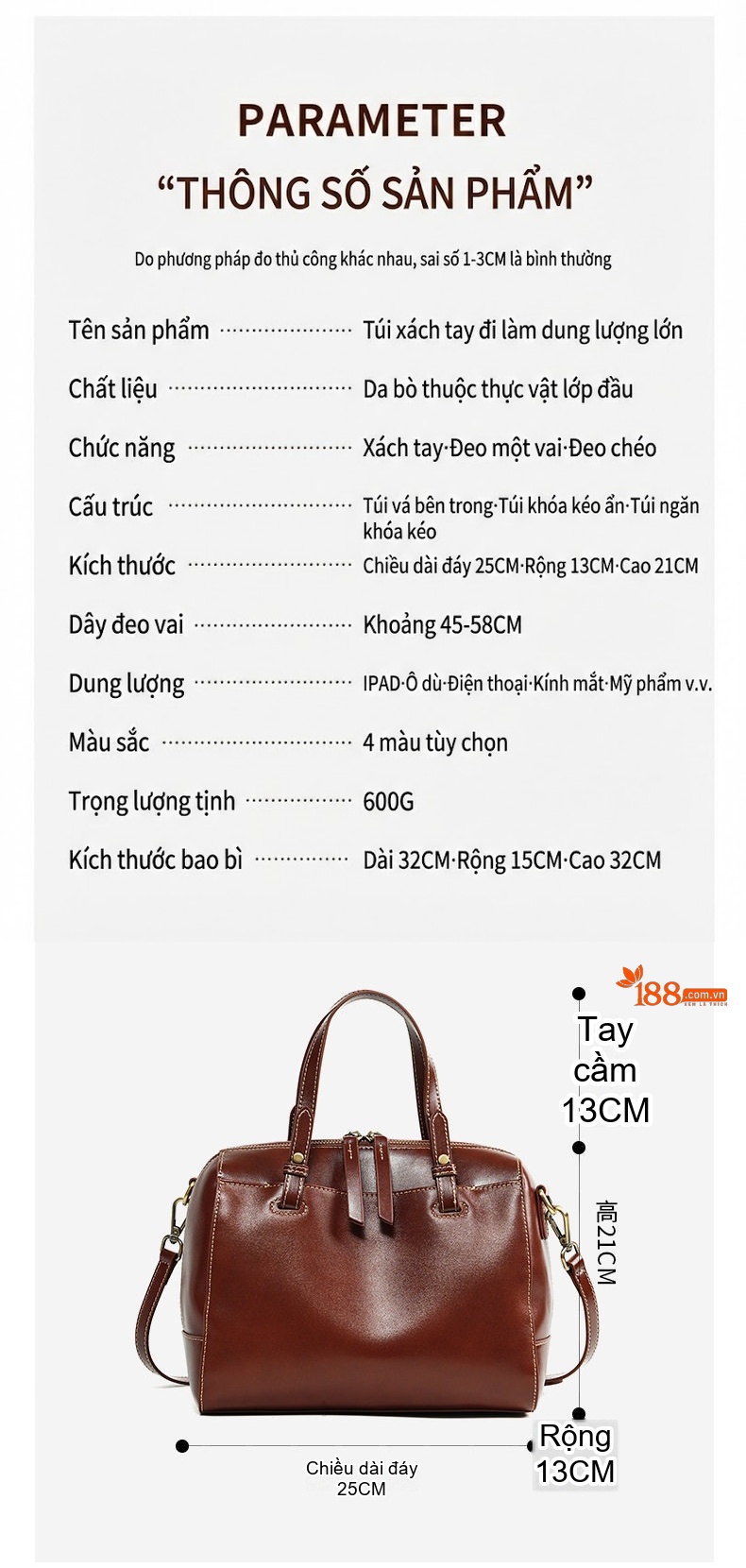 Túi Xách Tay Nữ Da Bò Thật Thiết Kế Boston Cao Cấp Màu Nâu chi tiết 5