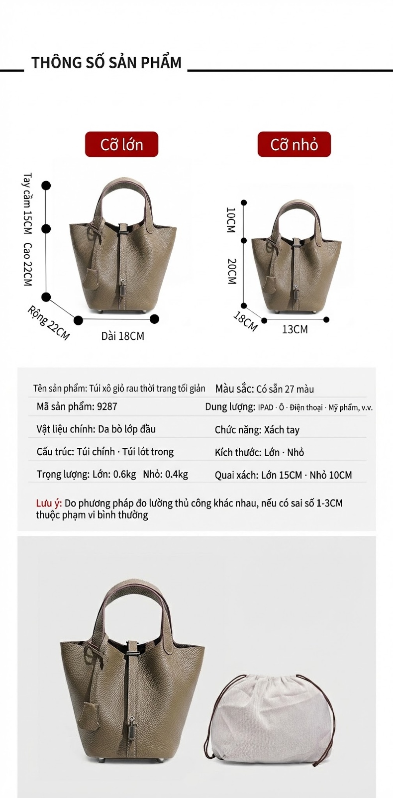 Túi Xách Tay Nữ Da Bò Thật Thiết Kế Độc Đáo Dáng Túi Bucket Màu Nâu, Hồng, Kem, Xám chi tiết 16