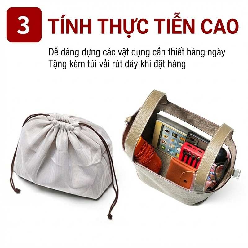 Túi Xách Tay Nữ Da Bò Thật Thiết Kế Độc Đáo Dáng Túi Bucket Màu Nâu, Hồng, Kem, Xám chi tiết 5