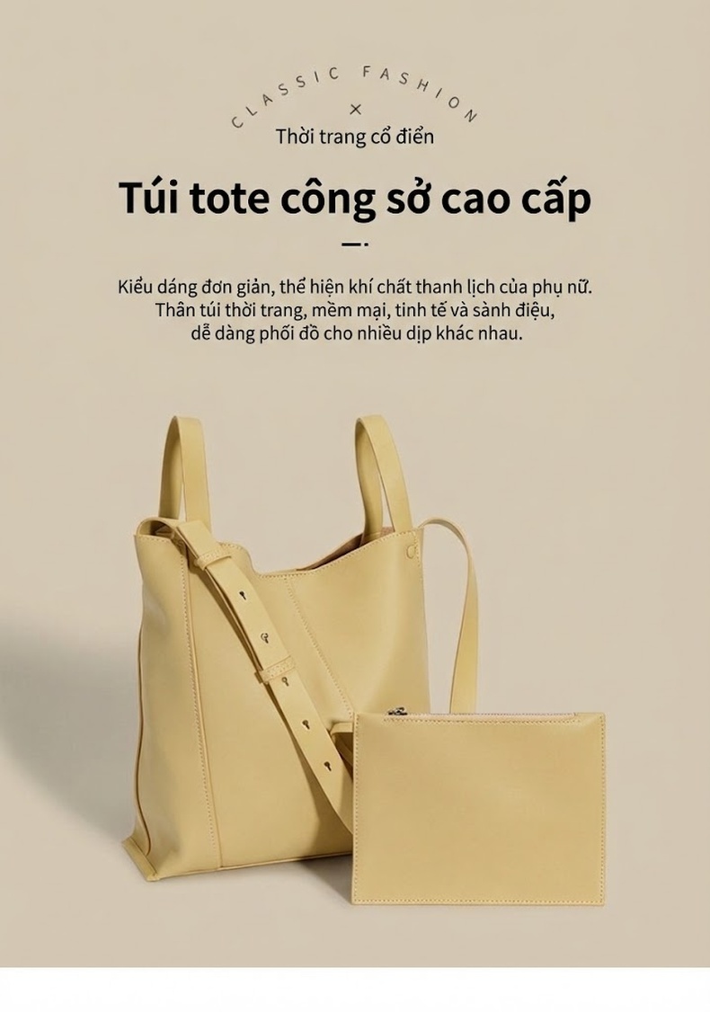 Túi Xách Tay Nữ Da Bò Thiết Kế Độc Đáo, Túi Tote Đeo Chéo Phong Cách Thời Trang Màu Vàng Kem chi tiết 1