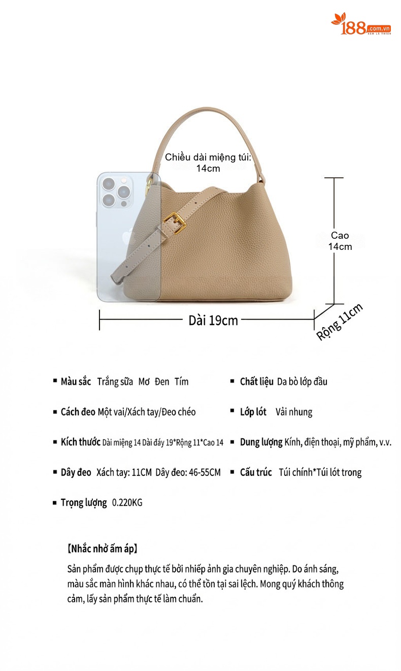 Túi Xách Tay Nữ Da Bò Thiết Kế Mini Đeo Vai, Đeo Chéo Màu Be, Trắng, Tím chi tiết 4