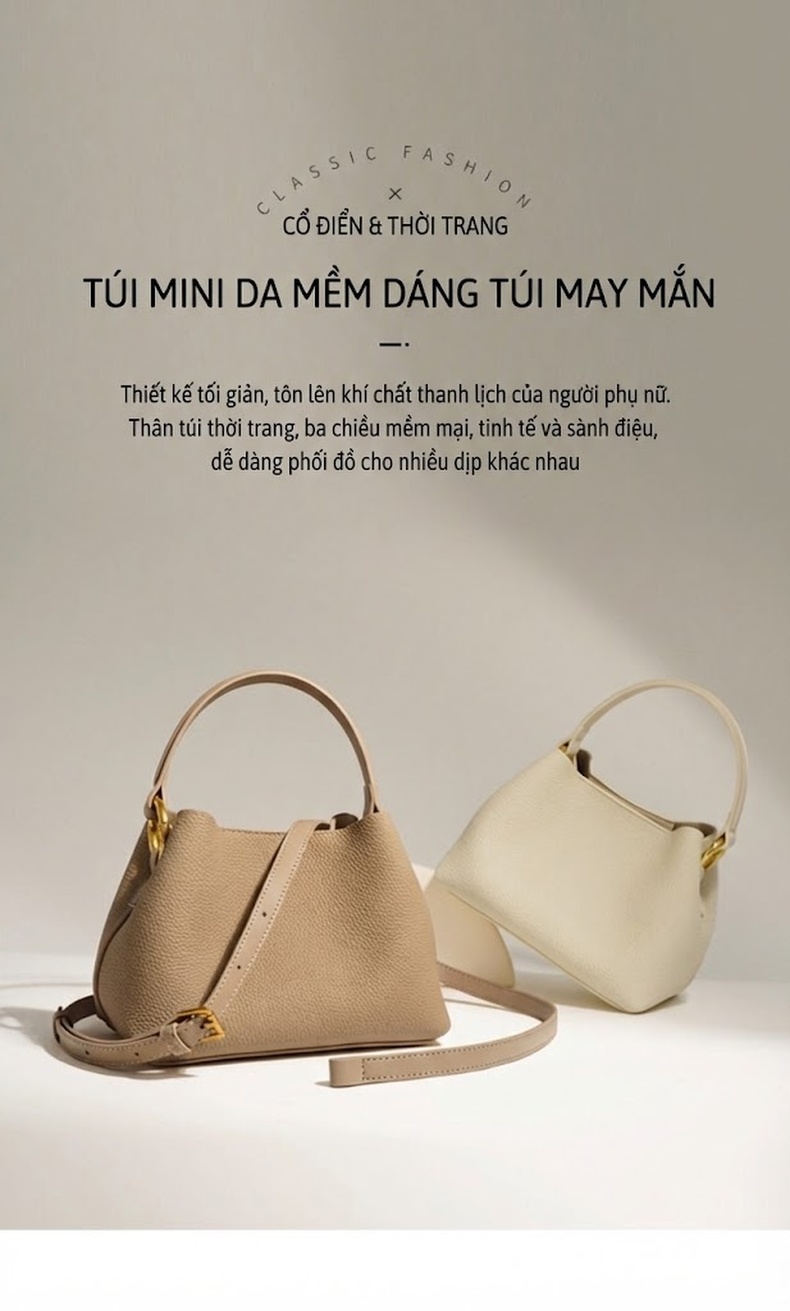 Túi Xách Tay Nữ Da Bò Thiết Kế Mini Đeo Vai, Đeo Chéo Màu Be, Trắng, Tím chi tiết 2