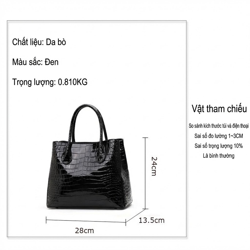 Túi Xách Tay Nữ Da Bò Thời Trang Cao Cấp, Túi Đeo Chéo, Túi Tote Lớn Màu Đen, Xám