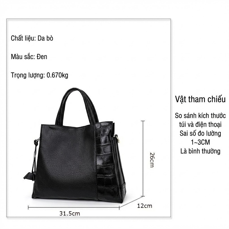 Túi Xách Tay Nữ Da Bò Thời Trang Công Sở Đeo Vai, Đeo Chéo Màu Đen