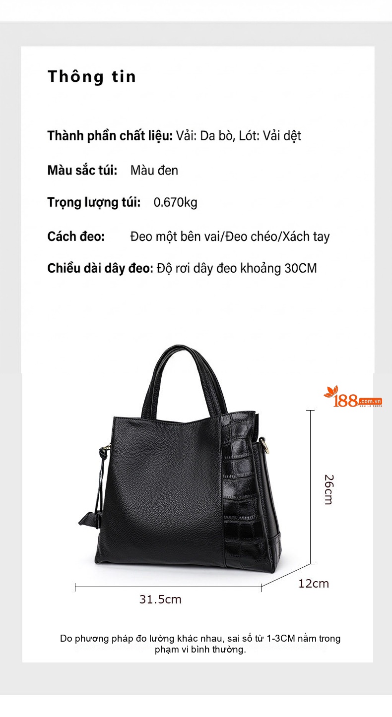 Túi Xách Tay Nữ Da Bò Thời Trang Công Sở Đeo Vai, Đeo Chéo Màu Đen chi tiết 4