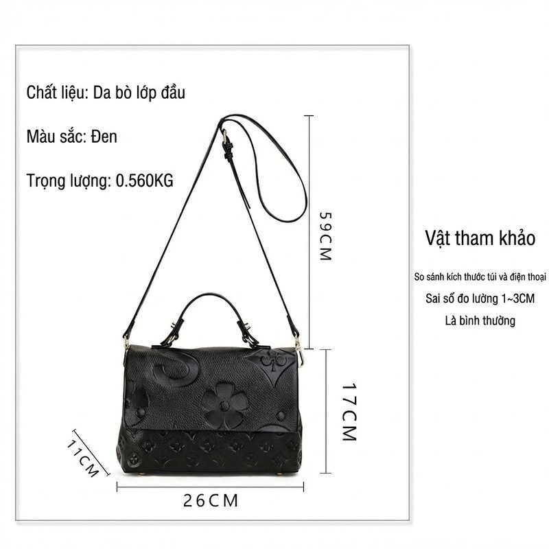 Túi Xách Tay Nữ Da Bò Thời Trang Đa Năng Đeo Vai, Đeo Chéo Màu Đen