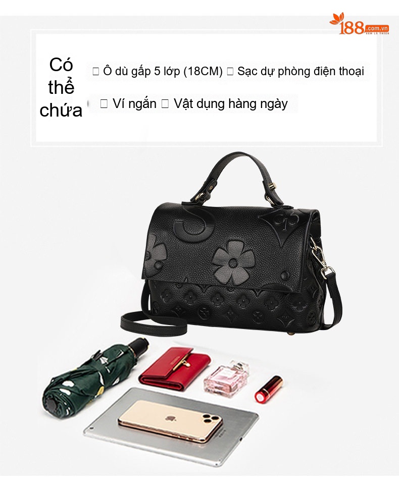 Túi Xách Tay Nữ Da Bò Thời Trang Đa Năng Đeo Vai, Đeo Chéo Màu Đen chi tiết 8