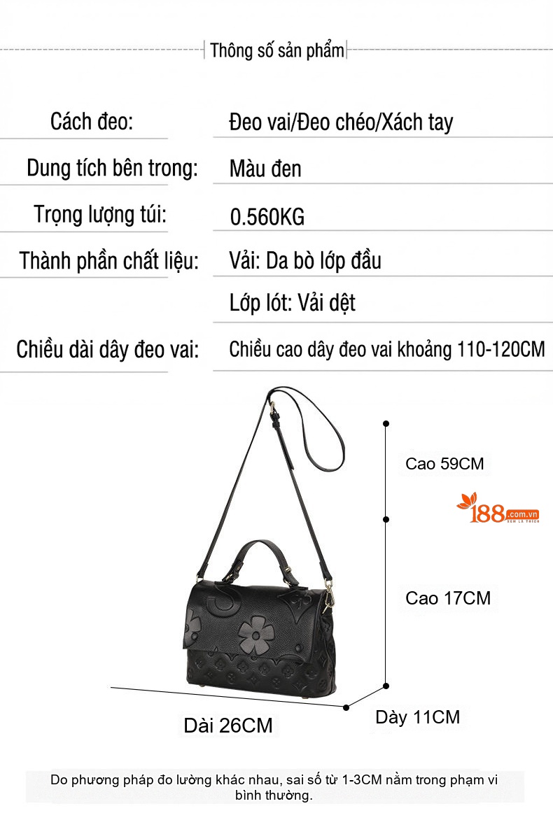 Túi Xách Tay Nữ Da Bò Thời Trang Đa Năng Đeo Vai, Đeo Chéo Màu Đen chi tiết 3