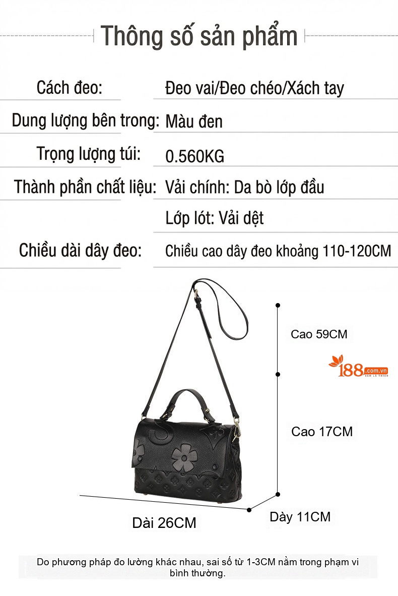 Túi Xách Tay Nữ Da Bò Thời Trang Đa Năng Đeo Vai, Đeo Chéo Màu Đen chi tiết 19