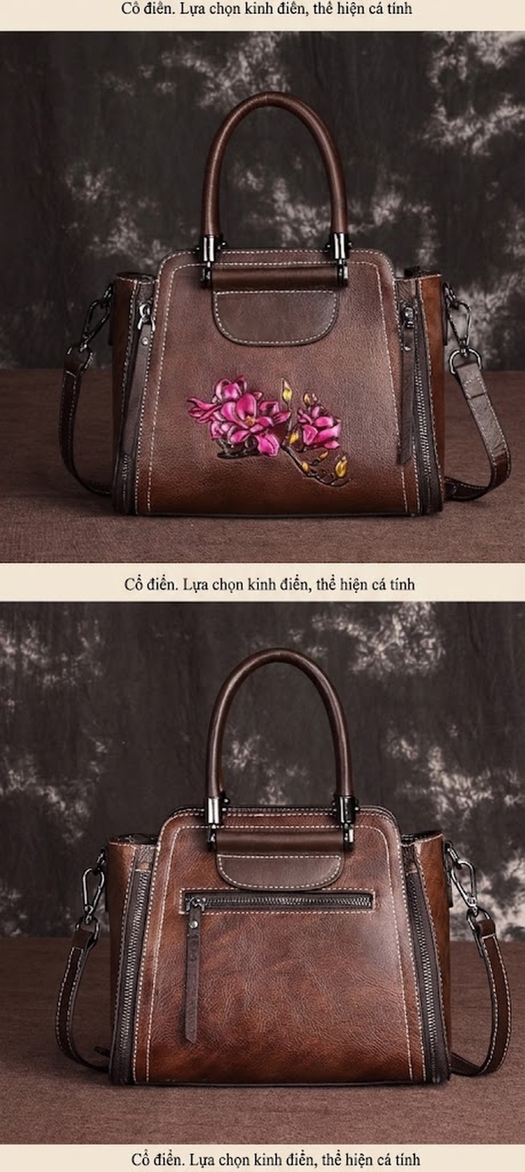 Túi Xách Tay Nữ Da Bò Thủ Công Vintage Đeo Vai, Đeo Chéo Thời Trang Màu Nâu, Đỏ chi tiết 4