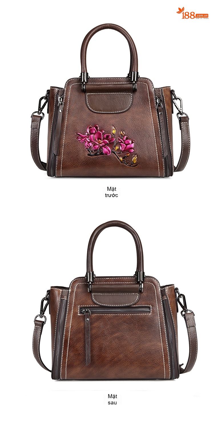 Túi Xách Tay Nữ Da Bò Thủ Công Vintage Đeo Vai, Đeo Chéo Thời Trang Màu Nâu, Đỏ chi tiết 6