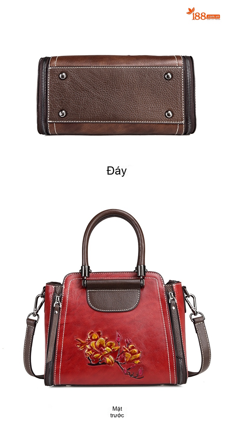 Túi Xách Tay Nữ Da Bò Thủ Công Vintage Đeo Vai, Đeo Chéo Thời Trang Màu Nâu, Đỏ chi tiết 8