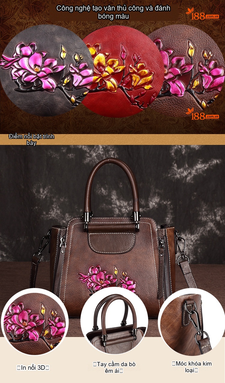 Túi Xách Tay Nữ Da Bò Thủ Công Vintage Đeo Vai, Đeo Chéo Thời Trang Màu Nâu, Đỏ chi tiết 1