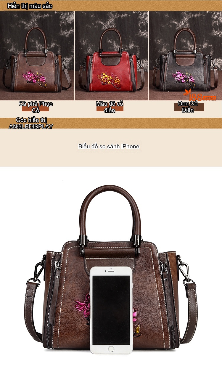 Túi Xách Tay Nữ Da Bò Thủ Công Vintage Đeo Vai, Đeo Chéo Thời Trang Màu Nâu, Đỏ chi tiết 2