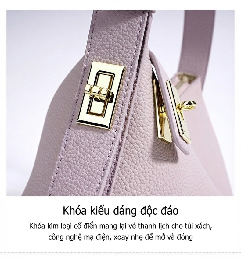 Túi Xách Tay Nữ Da Bò Togo Thiết Kế Tối Giản Màu Xám, Nâu, Trắng, Tím chi tiết 12