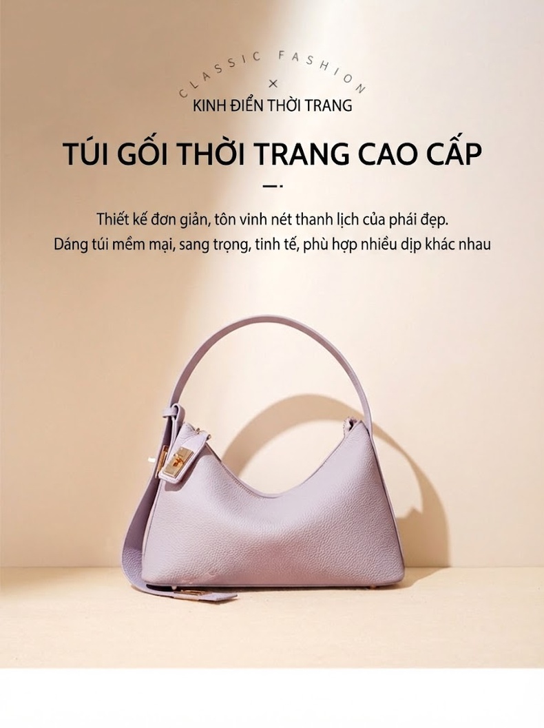 Túi Xách Tay Nữ Da Bò Togo Thiết Kế Tối Giản Màu Xám, Nâu, Trắng, Tím chi tiết 1