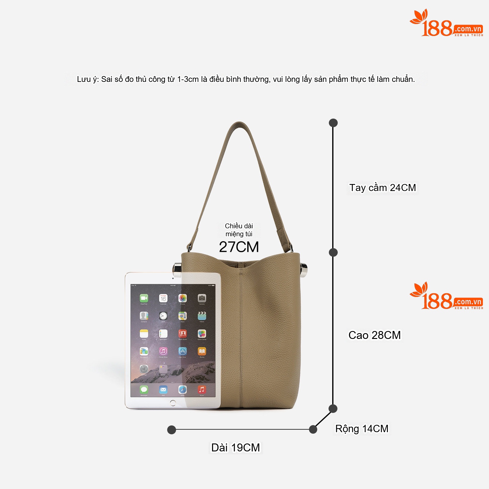 Túi Xách Tay Nữ Da Bò Tote Bag Lớn Đựng Vừa Ipad Đi Làm Màu Nâu, Xám, Kem