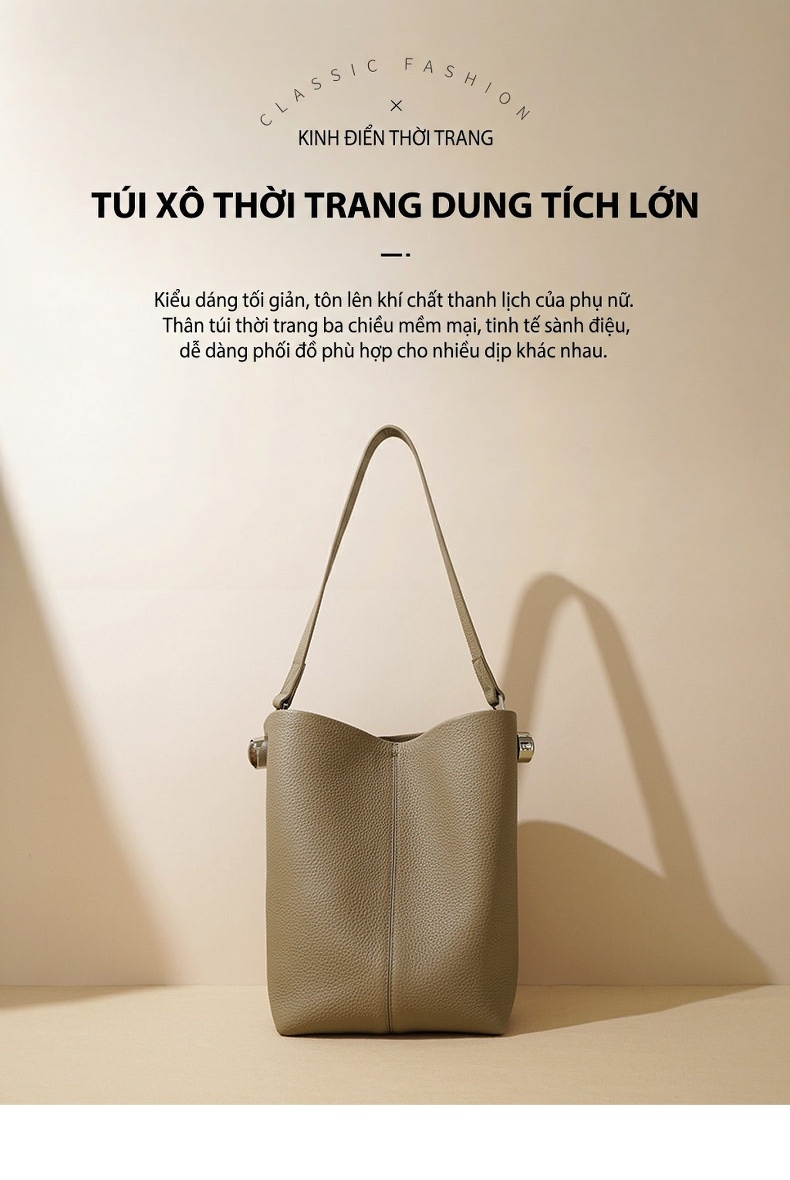 Túi Xách Tay Nữ Da Bò Tote Bag Lớn Đựng Vừa Ipad Đi Làm Màu Nâu, Xám, Kem chi tiết 2