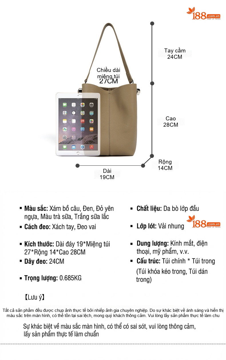 Túi Xách Tay Nữ Da Bò Tote Bag Lớn Đựng Vừa Ipad Đi Làm Màu Nâu, Xám, Kem chi tiết 7