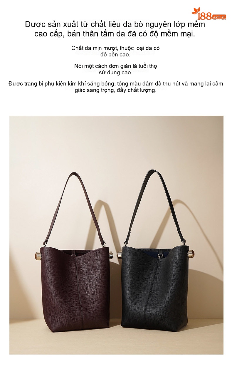 Túi Xách Tay Nữ Da Bò Tote Bag Lớn Đựng Vừa Ipad Đi Làm Màu Nâu, Xám, Kem chi tiết 3