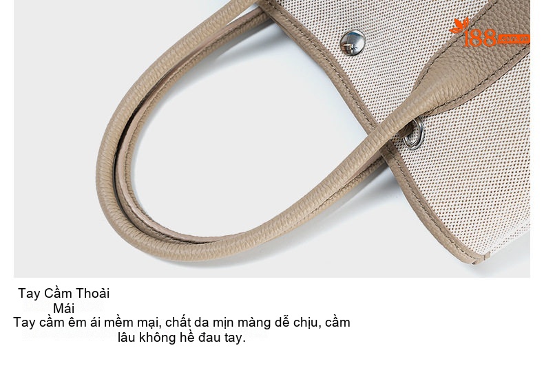 Túi Xách Tay Nữ Da Bò Vải Canvas Lớn Màu Trắng Kem, Nâu chi tiết 36