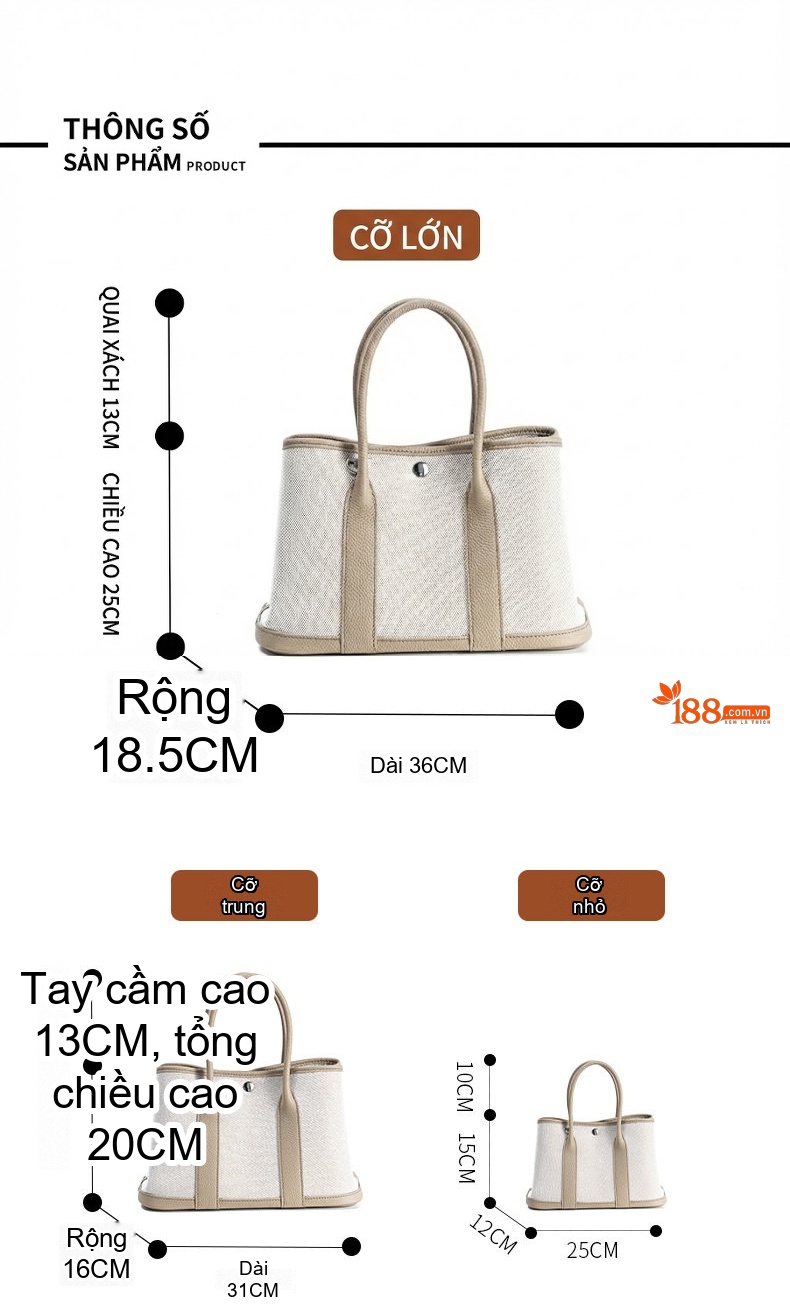 Túi Xách Tay Nữ Da Bò Vải Canvas Lớn Màu Trắng Kem, Nâu chi tiết 23
